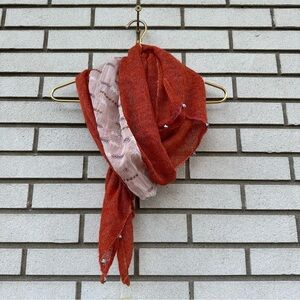 NWT Manyus Burnt Orange Mixed Media Scarf Sheer Embroidered Panel Beaded Fringe